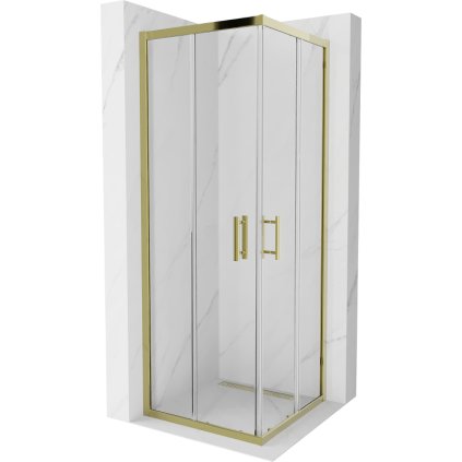 Mexen Rio, štvorcový sprchovací kút s posuvnými dverami 70(dvere) x 70(dvere) x 190 cm, 6mm číre sklo, zlatý profil, 860-070-070-50-00