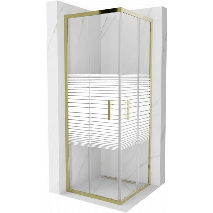 Mexen Rio, štvorcový sprchovací kút s posuvnými dverami 70 (dvere) x 70 (dvere) x 190 cm, 5mm číre sklo s pásikmi, zlatý profil,  860-070-070-50-20