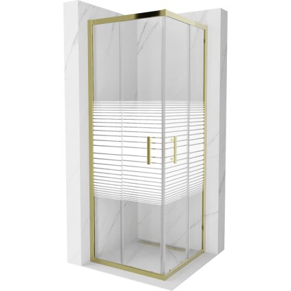 Mexen Rio, štvorcový sprchovací kút s posuvnými dverami 70(dvere) x 70(dvere) x 190 cm, 6mm číre sklo s pásikmi, zlatý profil,  860-070-070-50-20