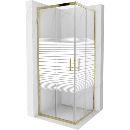 Mexen Rio, štvorcový sprchovací kút s posuvnými dverami 80(dvere) x 80(dvere) x 190 cm, 6mm číre sklo s pásikmi, zlatý profil, 860-080-080-50-20