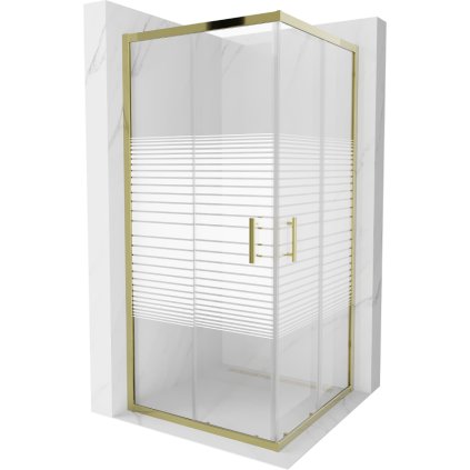 Mexen Rio, štvorcový sprchovací kút s posuvnými dverami 90(dvere) x 90(dvere) x 190 cm, 6mm číre sklo s pásikmi, zlatý profil, 860-090-090-50-20