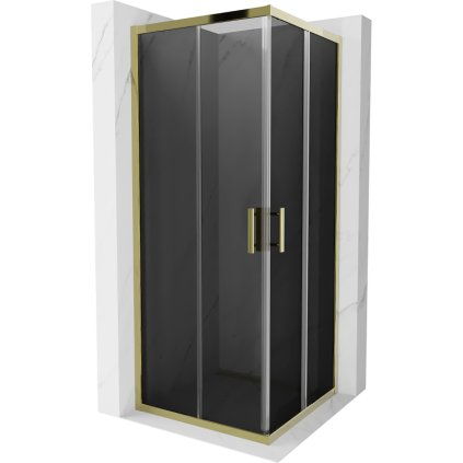 Mexen Rio, štvorcový sprchovací kút s posuvnými dverami 80(dvere) x 80(dvere) x 190 cm, 6mm šedé sklo, zlatý profil, 860-080-080-50-40