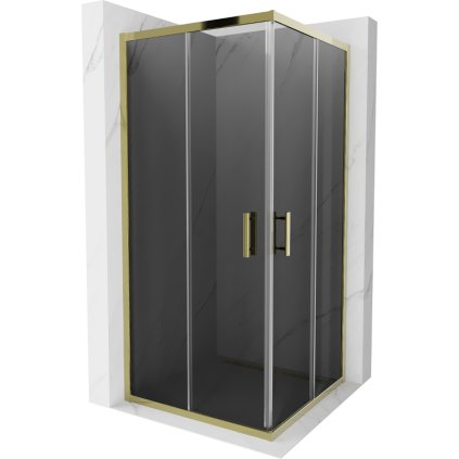 Mexen Rio, štvorcový sprchovací kút s posuvnými dverami 90(dvere) x 90(dvere) x 190 cm, 6mm šedé sklo, zlatý profil, 860-090-090-50-40