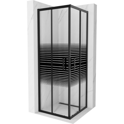 Mexen Rio, štvorcový sprchovací kút s posuvnými dverami 70(dvere) x 70(dvere) x 190 cm, 6mm číre sklo s pásikmi, čierny profil, 860-070-070-70-20