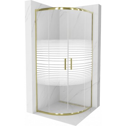 Mexen Rio, štvrťkruhový sprchovací kút 80(dvere)x80(dvere)x190 cm, 5mm číre sklo s pásikmi, zlatý profil, 863-080-080-50-20