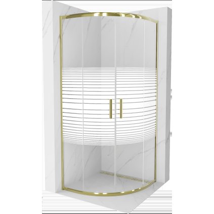Mexen Rio, štvrťkruhový sprchovací kút 90(dvere)x90(dvere)x190 cm, 5mm číre sklo s pásikmi, zlatý profil, 863-090-090-50-20