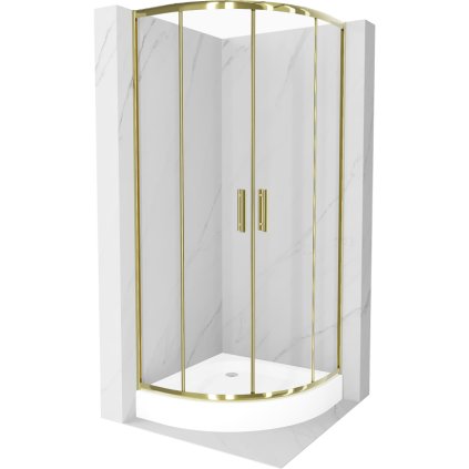 Mexen Rio, štvrťkruhový sprchovací kút s posuvnými dverami 70(dvere) x 70(dvere) x 190 cm, 6mm číre sklo, zlatý profil + biela sprchová vanička RIO, 863-070-070-50-00-4710