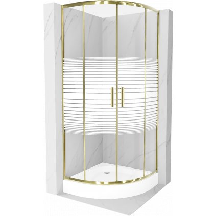 Mexen Rio, štvrťkruhový sprchovací kút 80(dvere)x80(dvere)x190 cm, 5mm číre sklo s pásikmi, zlatý profil + biela sprchová vanička RIO, 863-080-080-50-20-4710