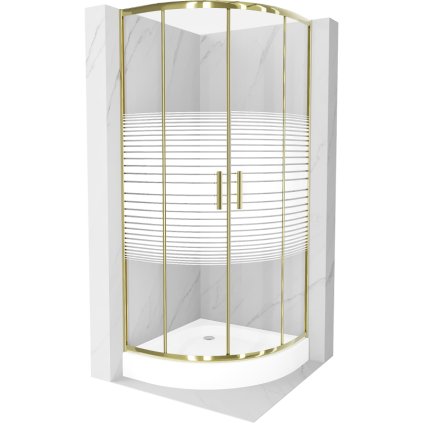 Mexen Rio, štvrťkruhový sprchovací kút s posuvnými dverami 90(dvere) x 90(dvere) x 190 cm, 6mm číre sklo s pásikmi, zlatý profil + biela sprchová vanička RIO, 863-090-090-50-20-4710