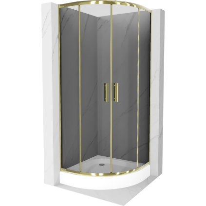 Mexen Rio, štvrťkruhový sprchovací kút s posuvnými dverami 80(dvere) x 80(dvere) x 190 cm, 6mm šedé sklo, zlatý profil + biela sprchová vanička RIO, 863-080-080-50-0-4710