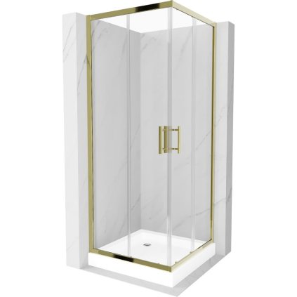 Mexen Rio, štvorcový sprchovací kút s posuvnými dverami 70(dvere) x 70(dvere) x 190 cm, 6mm číre sklo, zlatý profil + Rio sprchová vanička s chrómovým sifónom, 860-070-070-50-00-4510