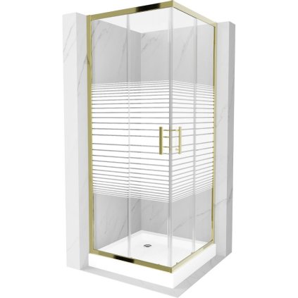 Mexen Rio, štvorcový sprchovací kút s posuvnými dverami 70(dvere) x 70(dvere) x 190 cm, 6mm číre sklo s pásikmi, zlatý profil + biela sprchová vanička RIO, 860-070-070-50-20-4510