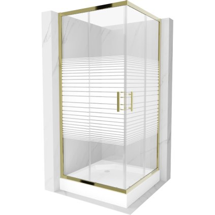 Mexen Rio, štvorcový sprchovací kút s posuvnými dverami 90(dvere) x 90(dvere) x 190 cm, 6mm číre sklo s pásikmi, zlatý profil + biela sprchová vanička RIO, 860-090-090-50-20-4510