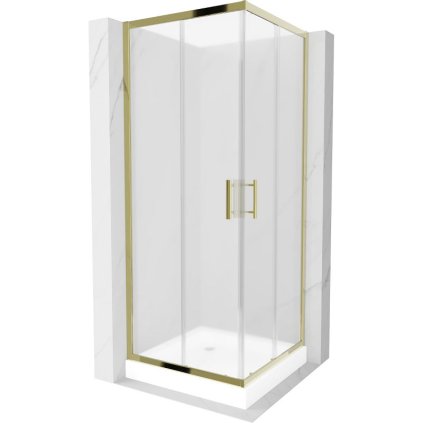 Mexen Rio, štvorcový sprchovací kút s posuvnými dverami 70(dvere) x 70(dvere) x 190 cm, 6mm sklo námraza, zlatý profil + biela sprchová vanička RIO, 860-070-070-50-30-4510