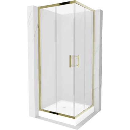 Mexen Rio, štvorcový sprchovací kút s posuvnými dverami 80(dvere) x 80(dvere) x 190 cm, 6mm sklo námraza, zlatý profil + biela sprchová vanička RIO, 860-080-080-50-30-4510