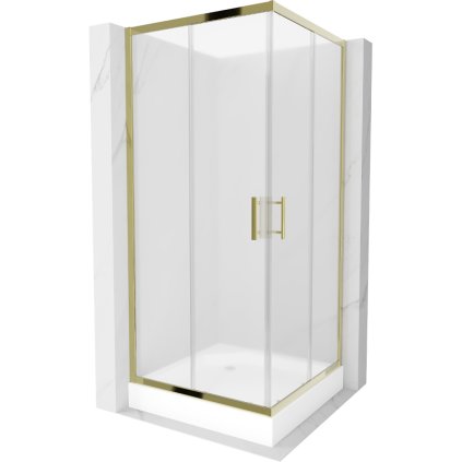 Mexen Rio, štvorcový sprchovací kút s posuvnými dverami 90(dvere) x 90(dvere) x 190 cm, 6mm sklo námraza, zlatý profil + biela sprchová vanička RIO, 860-090-090-50-30-4510