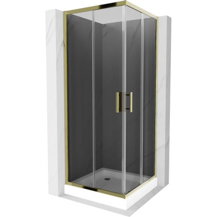 Mexen Rio, štvorcový sprchovací kút s posuvnými dverami 70(dvere) x 70(dvere) x 190 cm, 6mm šedé sklo, zlatý profil + biela sprchová vanička RIO, 860-070-070-50-40-4510