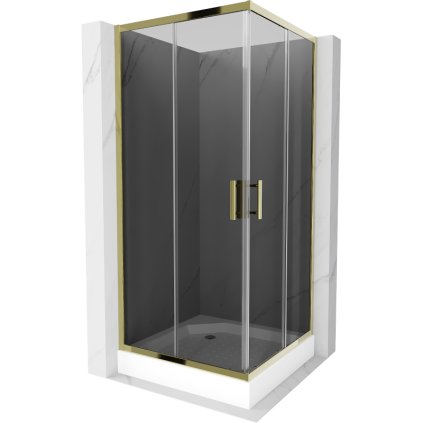 Mexen Rio, štvorcový sprchovací kút s posuvnými dverami 90(dvere) x 90(dvere) x 190 cm, 6mm šedé sklo, zlatý profil + čierna sprchová vanička RIO, 860-090-090-50-40-4510