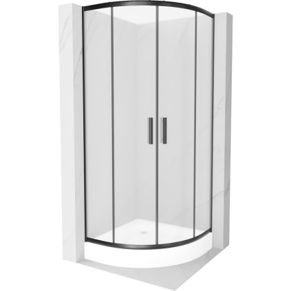 Mexen Rio, štvrťkruhový sprchovací kút s posuvnými dverami 90(dvere) x 90(dvere) x 190 cm, 6mm sklo námraza, čierny profil + biela sprchová vanička RIO, 863-090-090-70-30-4710