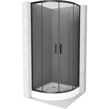 Mexen Rio, štvrťkruhový sprchovací kút s posuvnými dverami 70(dvere) x 70(dvere) x 190 cm, 6mm šedé sklo, čierny profil + biela sprchová vanička RIO, 863-070-070-70-40-4710