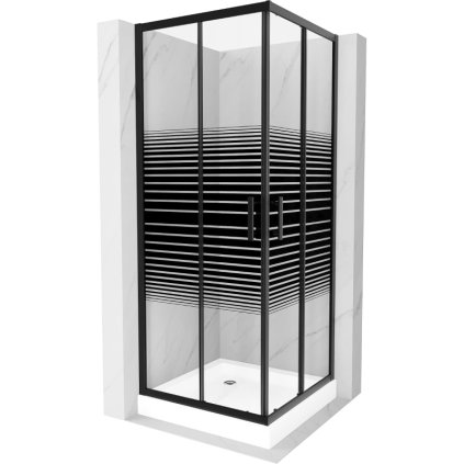 Mexen Rio, štvorcový sprchovací kút s posuvnými dverami 70(dvere) x 70(dvere) x 190 cm, 6mm číre sklo s pásikmi, čierny profil + biela sprchová vanička RIO, 860-070-070-70-20-4510