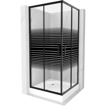 Mexen Rio, štvorcový sprchovací kút s posuvnými dverami 90(dvere) x 90(dvere) x 190 cm, 6mm číre sklo s pásikmi, čierny profil + biela sprchová vanička RIO, 860-090-090-70-20-4510