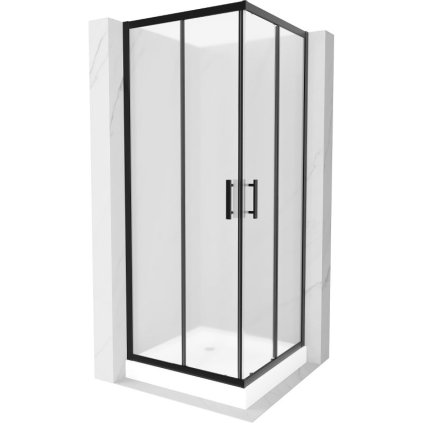 Mexen Rio, štvorcový sprchovací kút s posuvnými dverami 70(dvere) x 70(dvere) x 190 cm, 6mm sklo námraza, čierny profil + biela sprchová vanička RIO, 860-070-070-70-30-4510