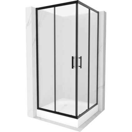 Mexen Rio, štvorcový sprchovací kút s posuvnými dverami 90(dvere) x 90(dvere) x 190 cm, 6mm sklo námraza, čierny profil + biela sprchová vanička RIO, 860-090-090-70-30-4510