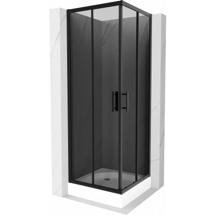 Mexen Rio, štvorcový sprchovací kút s posuvnými dverami 70 (dvere) x 70 (dvere) x 190 cm, 5mm šedé sklo, čierny profil + biela sprchová vanička RIO, 860-070-070-70-40-4510