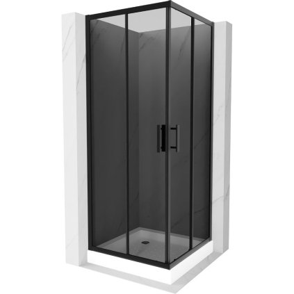 Mexen Rio, štvorcový sprchovací kút s posuvnými dverami 70(dvere) x 70(dvere) x 190 cm, 6mm šedé sklo, čierny profil + biela sprchová vanička RIO, 860-070-070-70-40-4510