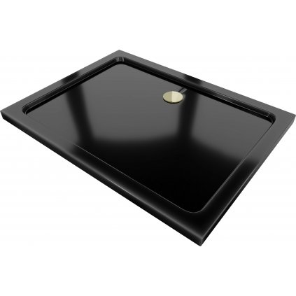 Mexen Flat, akrylátová sprchová vanička 80x70x5 cm SLIM, čierna, zlatý sifón, 40707080G