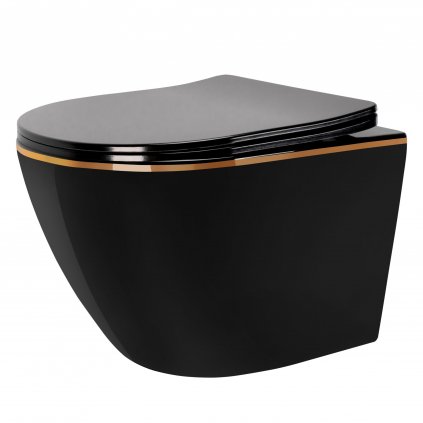 Rea Carlo Mini, rimless závesná misa 49x37 cm so sedátkom s pomalým zatváraním, čierna-zlatý okraj, REA-C8800