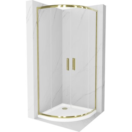 Mexen Rio, štvrťkruhový sprchovací kút s posuvnými dverami 80(dvere) x 80(dvere) x 190 cm, 6mm číre sklo, zlatý profil + biela sprchová vanička SLIM, 863-080-080-50-00-4110G