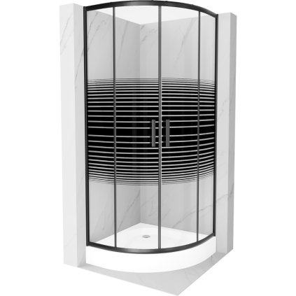 Mexen Rio, štvrťkruhový sprchovací kút s posuvnými dverami 70(dvere) x 70(dvere) x 190 cm, 6mm číre sklo s pásikmi, čierny profil + biela sprchová vanička RIO, 863-070-070-70-20-4710