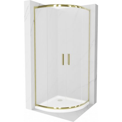 Mexen Rio, štvrťkruhový sprchovací kút 90(dvere)x90(dvere)x190 cm, 5mm sklo námraza, zlatý profil + biela sprchová vanička SLIM, 863-090-090-50-30-4110G