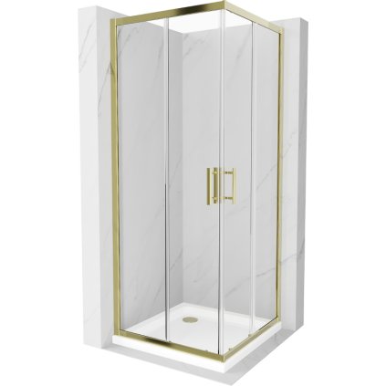Mexen Rio, štvorcový sprchovací kút s posuvnými dverami 70(dvere) x 70(dvere) x 190 cm, 6mm číre sklo, zlatý profil + sprchová vanička SLIM so zlatým sifónom, 860-070-070-50-00-4010G