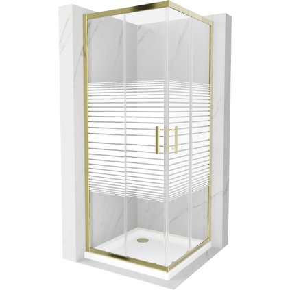 Mexen Rio, štvorcový sprchovací kút s posuvnými dverami 70(dvere) x 70(dvere) x 190 cm, 6mm číre sklo s pásikmi, zlatý profil + biela sprchová vanička SLIM, 860-070-070-50-20-4010G