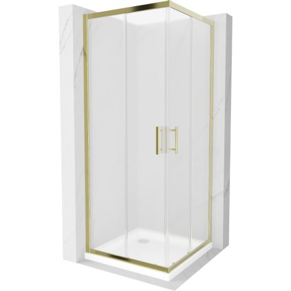 Mexen Rio, štvorcový sprchovací kút s posuvnými dverami 70(dvere) x 70(dvere) x 190 cm, 6mm sklo námraza, zlatý profil + biela sprchová vanička SLIM, 860-070-070-50-30-4010G