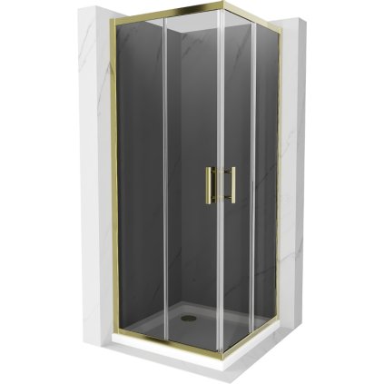 Mexen Rio, štvorcový sprchovací kút s posuvnými dverami 70(dvere) x 70(dvere) x 190 cm, 6mm šedé sklo, zlatý profil + biela sprchová vanička SLIM, 860-070-070-50-40-4010G