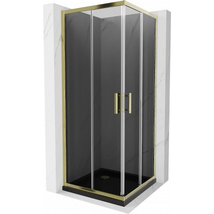 Mexen Rio, štvorcový sprchovací kút s posuvnými dverami 90 (dvere) x 90 (dvere) x 190 cm, 5mm šedé sklo, zlatý profil + čierna sprchová vanička SLIM, 860-090-090-50-40-4070G
