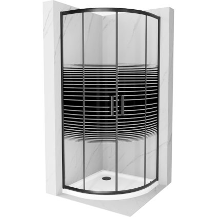 Mexen Rio, štvrťkruhový sprchovací kút s posuvnými dverami 80(dvere) x 80(dvere) x 190 cm, 6mm číre sklo s pásikmi, čierny profil + biela sprchová vanička SLIM, 863-080-080-70-20-4110B