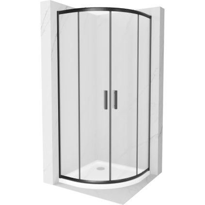 Mexen Rio, štvrťkruhový sprchovací kút s posuvnými dverami 80(dvere) x 80(dvere) x 190 cm, 6mm sklo námraza, čierny profil + biela sprchová vanička SLIM, 863-080-080-70-30-4110B
