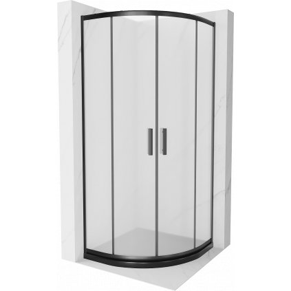 Mexen Rio, štvrťkruhový sprchovací kút 90(dvere)x90(dvere)x190 cm, 5mm sklo námraza, čierny profil + čierna sprchová vanička SLIM, 863-090-090-70-30-4170B