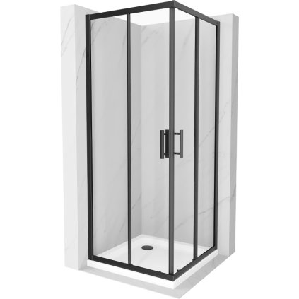 Mexen Rio, štvorcový sprchovací kút s posuvnými dverami 70(dvere) x 70(dvere) x 190 cm, 6mm číre sklo námraza, čierny profil + biela sprchová vanička SLIM, 860-070-070-70-00-4010B