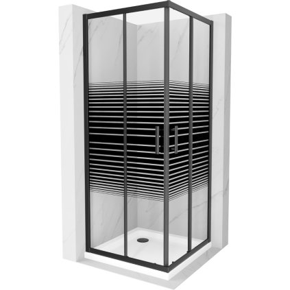 Mexen Rio, štvorcový sprchovací kút s posuvnými dverami 70(dvere) x 70(dvere) x 190 cm, 6mm číre sklo s pásikmi, čierny profil + biela sprchová vanička SLIM, 860-070-070-70-20-4010B