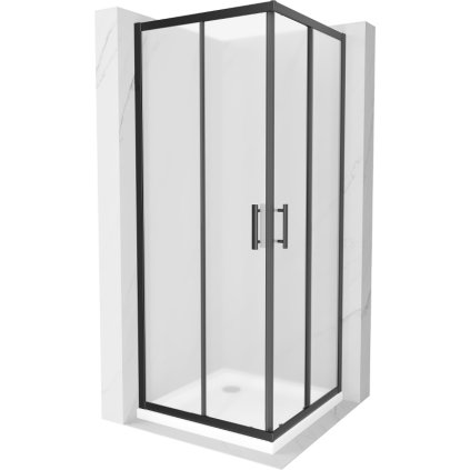 Mexen Rio, štvorcový sprchovací kút s posuvnými dverami 70(dvere) x 70(dvere) x 190 cm, 6mm sklo námraza, čierny profil + biela sprchová vanička SLIM, 860-070-070-70-30-4010B