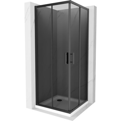Mexen Rio, štvorcový sprchovací kút s posuvnými dverami 70(dvere) x 70(dvere) x 190 cm, 6mm šedé sklo, čierny profil + biela sprchová vanička SLIM, 860-070-070-70-40-4010B