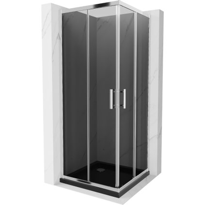 Mexen Rio, štvorcový sprchovací kút s posuvnými dverami 70(dvere) x 70(dvere) x 190 cm, 6mm šedé sklo, chrómový profil + čierna sprchová vanička SLIM, 860-070-070-01-40-4070
