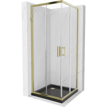 Mexen Rio, štvorcový sprchovací kút s posuvnými dverami 70(dvere) x 70(dvere) x 190 cm, 6mm číre sklo, zlatý profil + čierna sprchová vanička SLIM so zlatým sifónom, 860-070-070-50-00-4070G