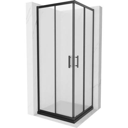 Mexen Rio, štvorcový sprchovací kút s posuvnými dverami 70(dvere) x 70(dvere) x 190 cm, 6mm sklo námraza, čierny profil + čierna sprchová vanička SLIM, 860-070-070-70-30-4070B
